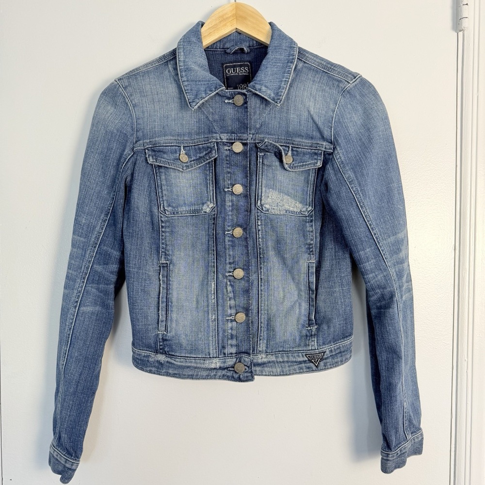 Guess Y2K 1981 Denim Jacket Womens SP Jean Distressed Button Up Medium Wash